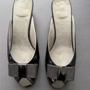 Stuart Weitzman Black Patent Peep-Toe Heels